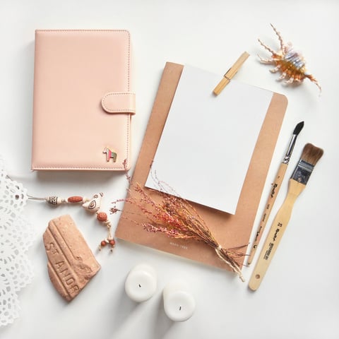 Blush Pink Flat Lay Composition with Artist's Supplies, Diary Bo